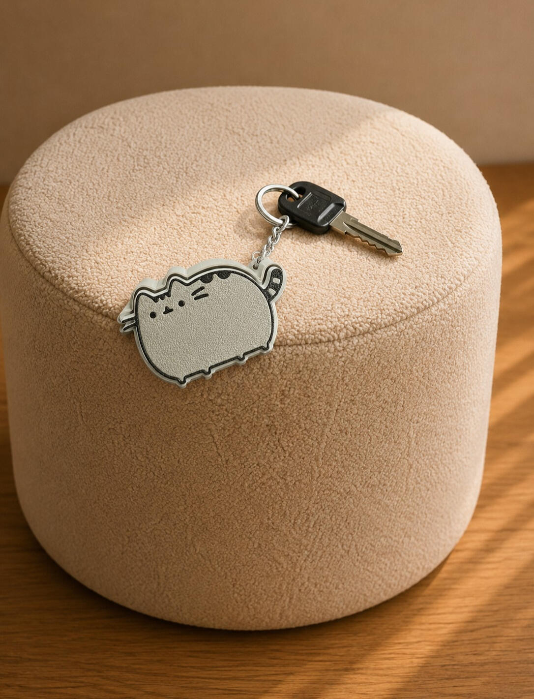 Cute chubby cat keychain inspired by Pusheen, attached to a metal key ring.