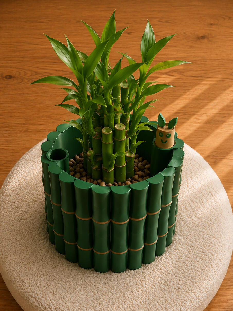 Decorative bamboo-inspired planter with a built-in water level indicator and lucky bamboo plant.