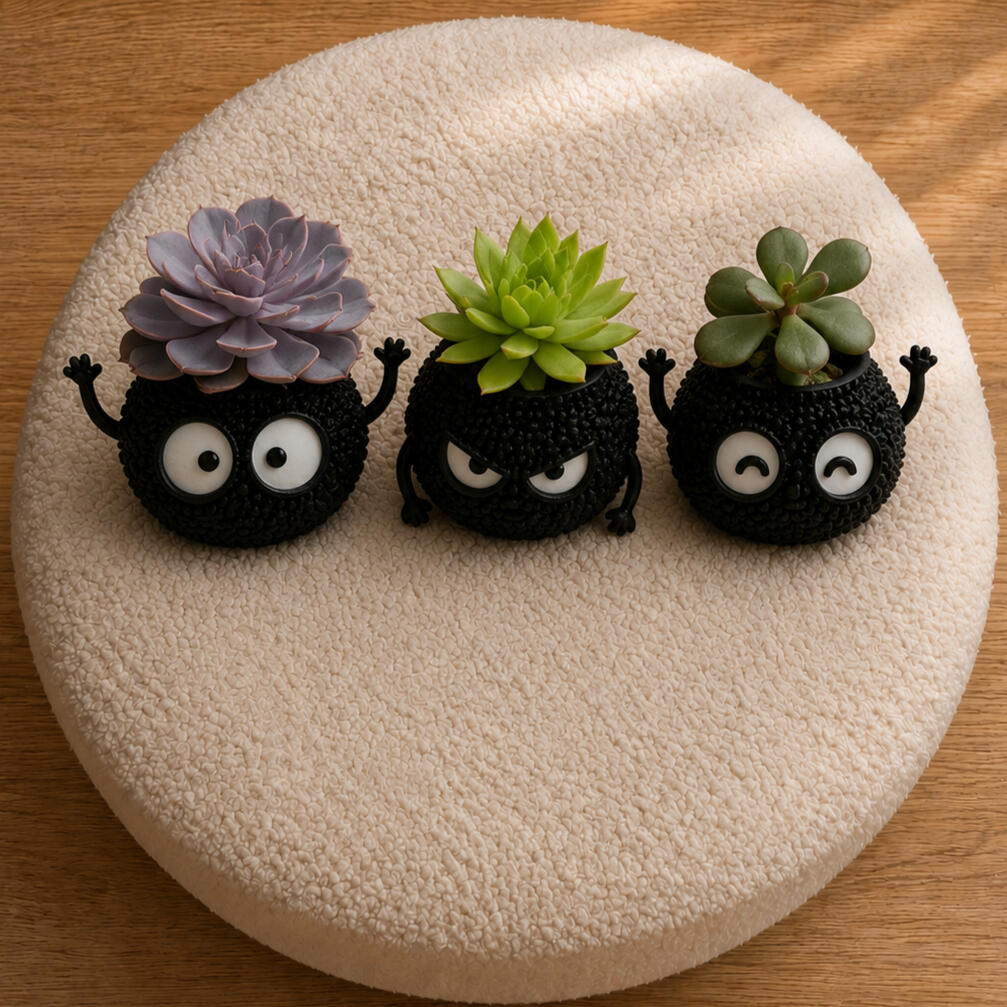 Adorable Character Planters Cute character planters with different facial expressions holding succulent plants.
