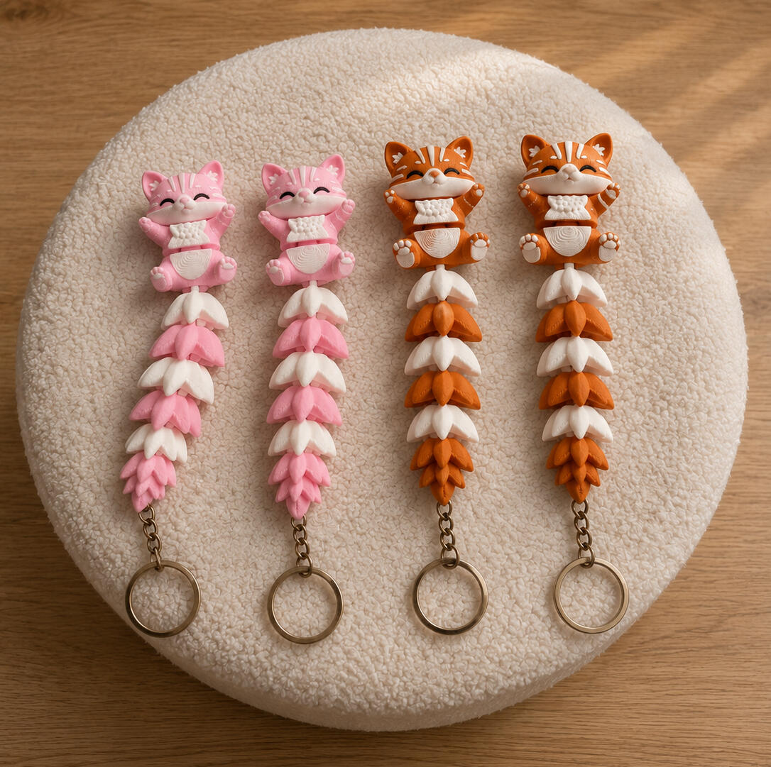 Cute Articulated Fox Keychains Handmade 3D printed articulated fox keychains in pink and orange colors displayed on a soft cream background.